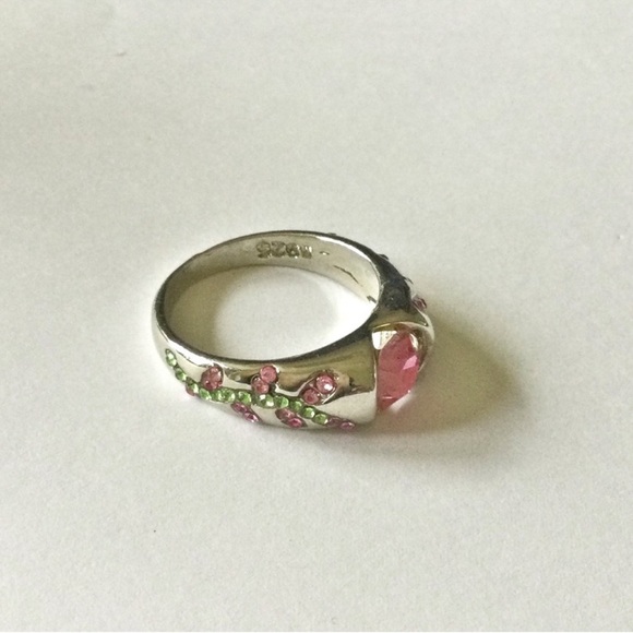 Stamped S925 Sterling Silver Pink Green Cubic Zirconia Inlay Set Flower Ring - Picture 6 of 10